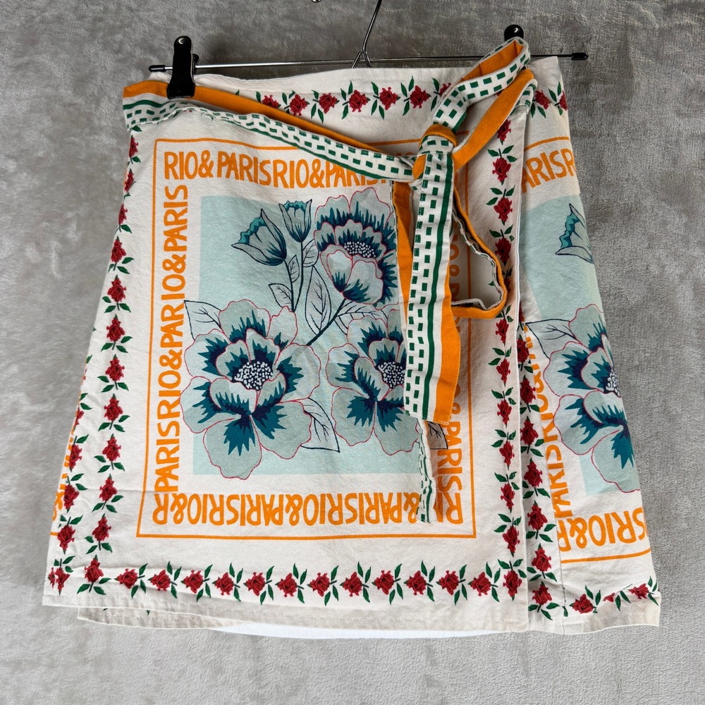 Boho Paris Rio Floral Scarf Print Cotton Wrap Mini Skirt White Orange M